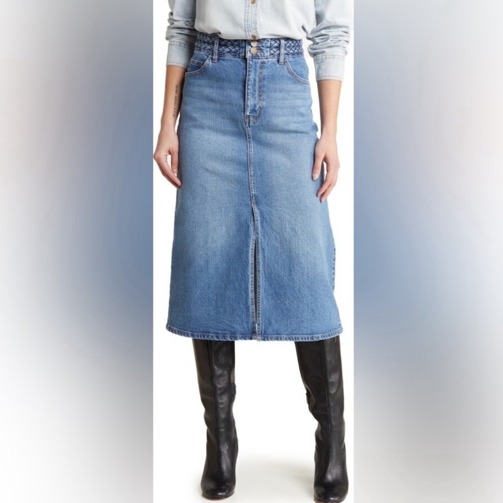 Habitual Light Blue Denim Midi Skirt Braided Waist Medium Wash Front Slit Size 4